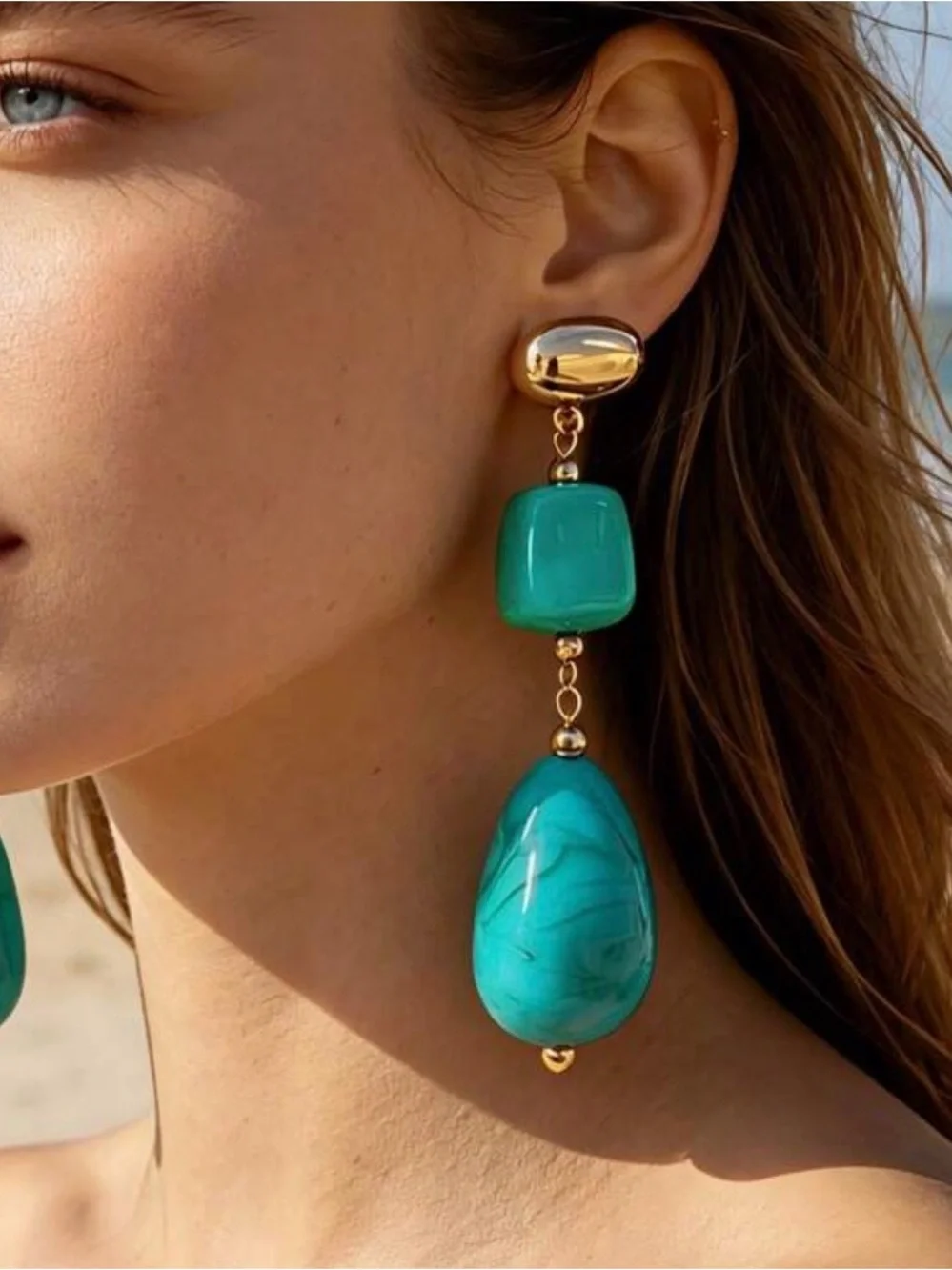 Gold and Turquoise Drop Earrings - Statement Women’s Jewelry